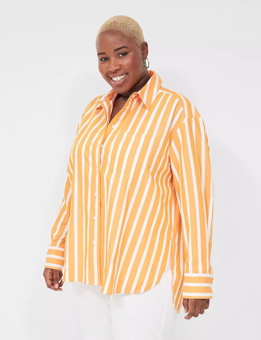 Lane Bryant Long-Sleeve Button-Down Boyfriend Overhemd Dames Oranje Strepen | QKR5758RE