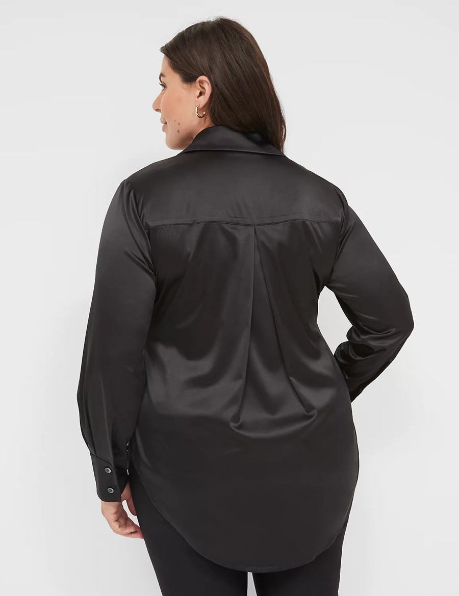 Lane Bryant Long-Sleeve Button-Down Satin Overhemd Dames Zwart | ZIG115RG