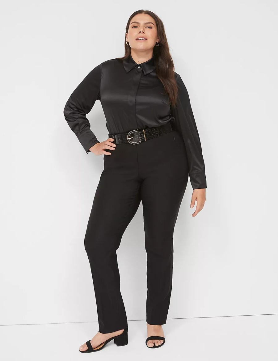 Lane Bryant Long-Sleeve Button-Down Satin Overhemd Dames Zwart | ZIG115RG