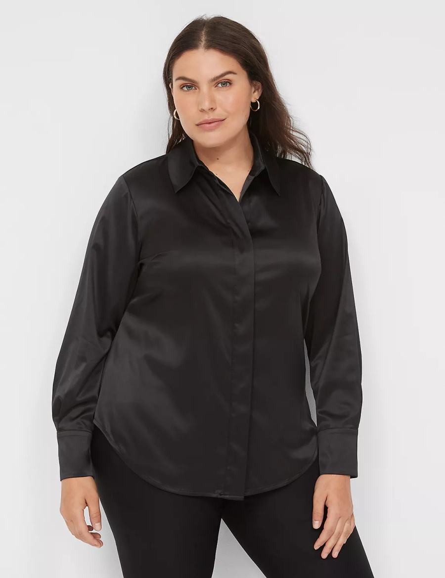 Lane Bryant Long-Sleeve Button-Down Satin Overhemd Dames Zwart | ZIG115RG