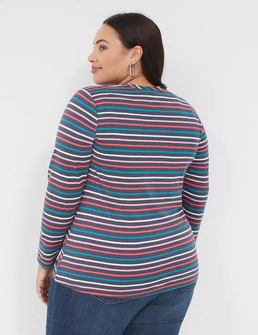 Lane Bryant Long-Sleeve Crew-Neck Tee T-shirts Dames Donkerblauw Gekleurd Strepen | ZKJ8849XI