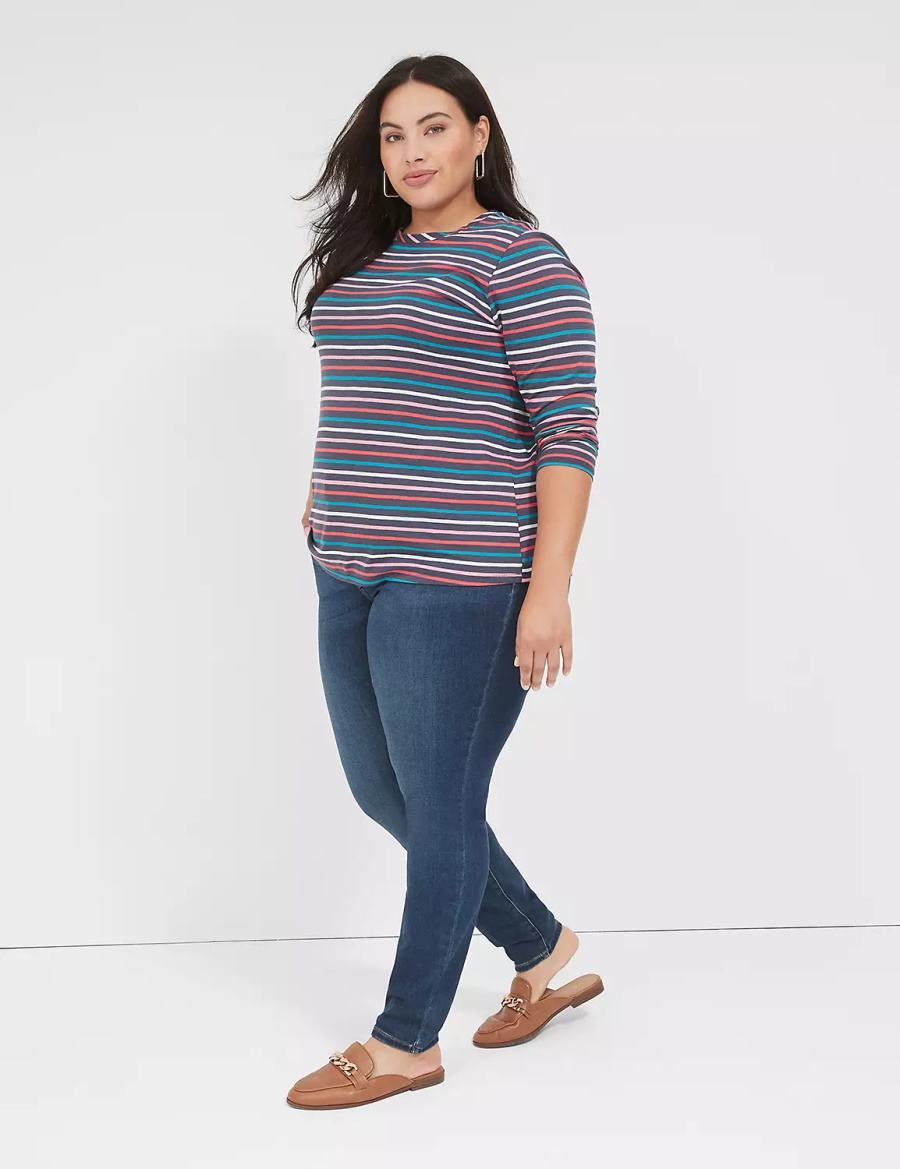 Lane Bryant Long-Sleeve Crew-Neck Tee T-shirts Dames Donkerblauw Gekleurd Strepen | ZKJ8849XI