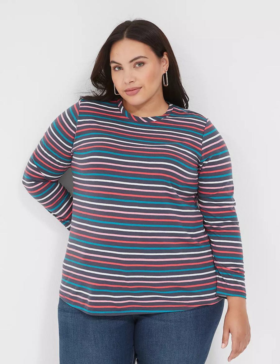 Lane Bryant Long-Sleeve Crew-Neck Tee T-shirts Dames Donkerblauw Gekleurd Strepen | ZKJ8849XI