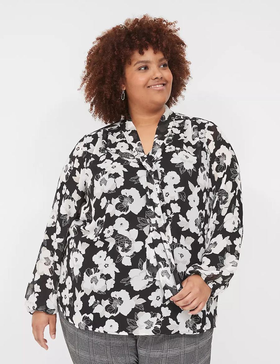 Lane Bryant Long-Sleeve Tie-Neck Popover Blouse Dames Zwart Wit | GQY2611SC