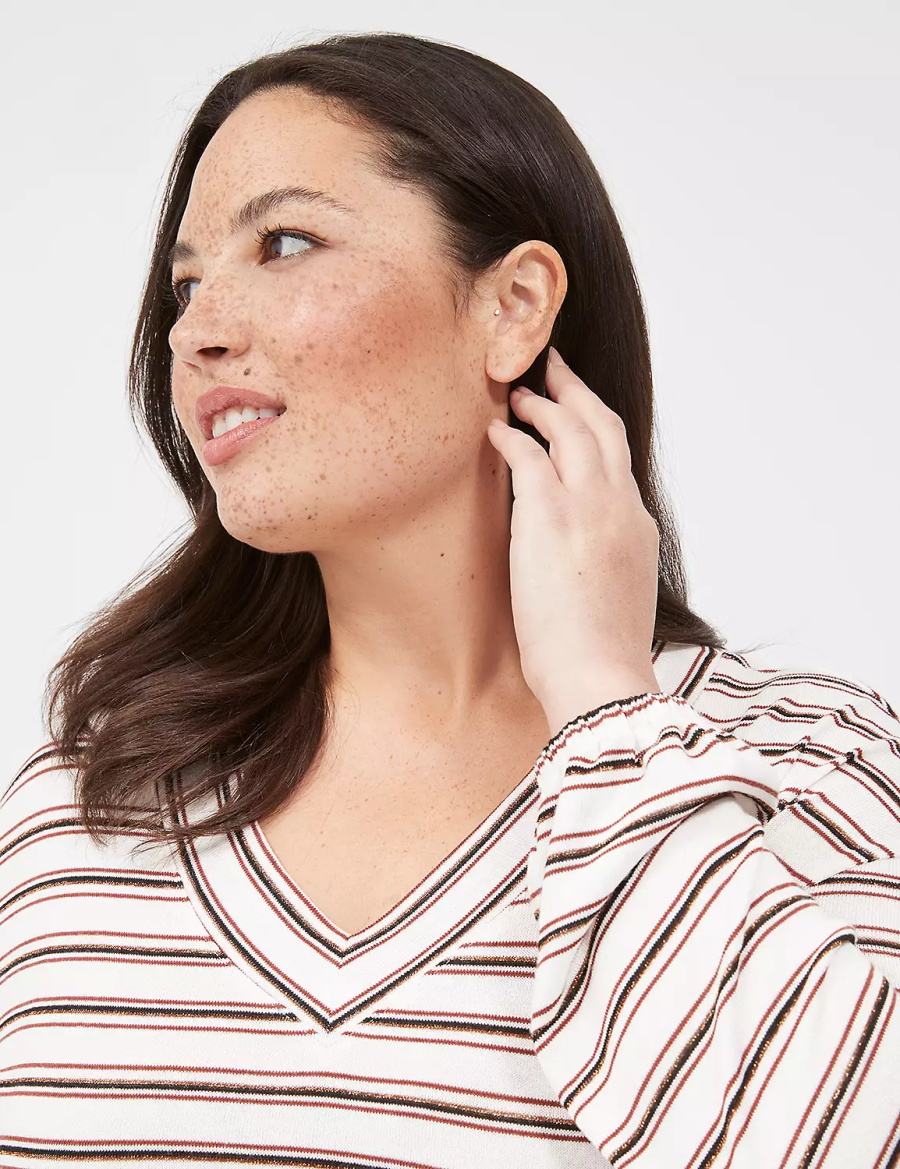Lane Bryant Lurex Blouson-Sleeve V-Neck Tunic T-shirts Dames Wit Zwart Strepen | TIK3429LO