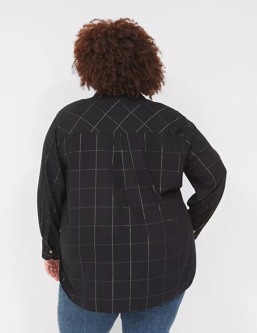 Lane Bryant Lurex Button-Down Plaid Flannel Overhemd Dames Zwart | XQC6797RM