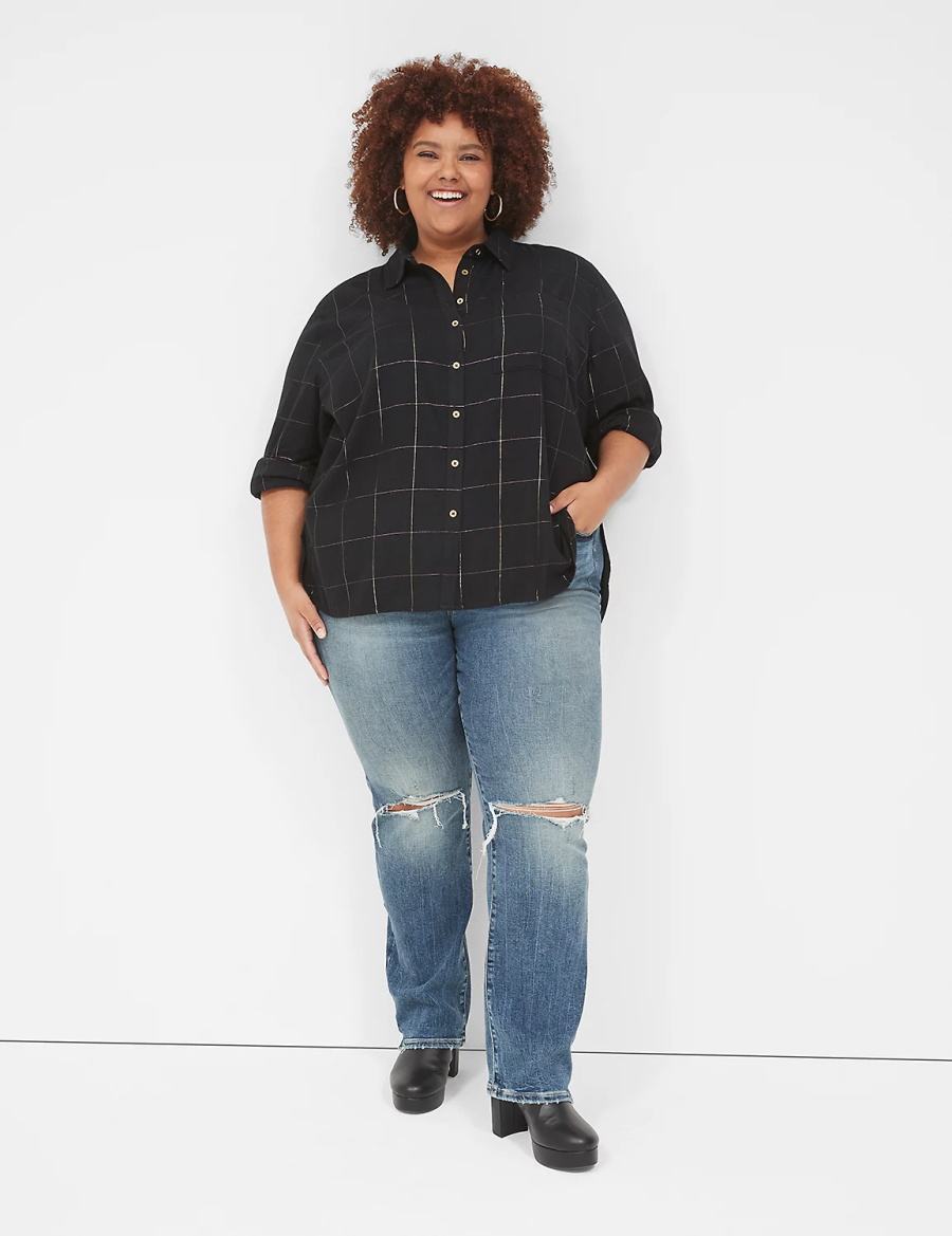 Lane Bryant Lurex Button-Down Plaid Flannel Overhemd Dames Zwart | XQC6797RM