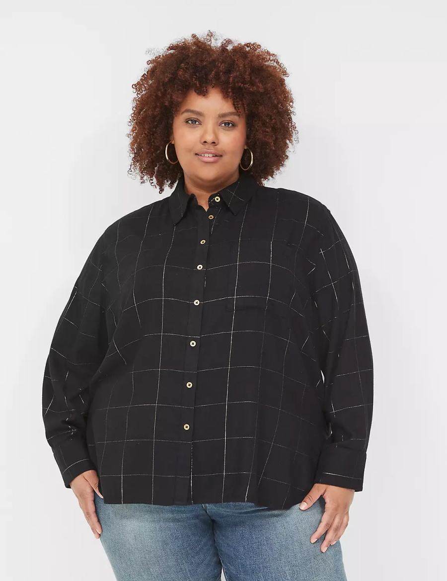 Lane Bryant Lurex Button-Down Plaid Flannel Overhemd Dames Zwart | XQC6797RM