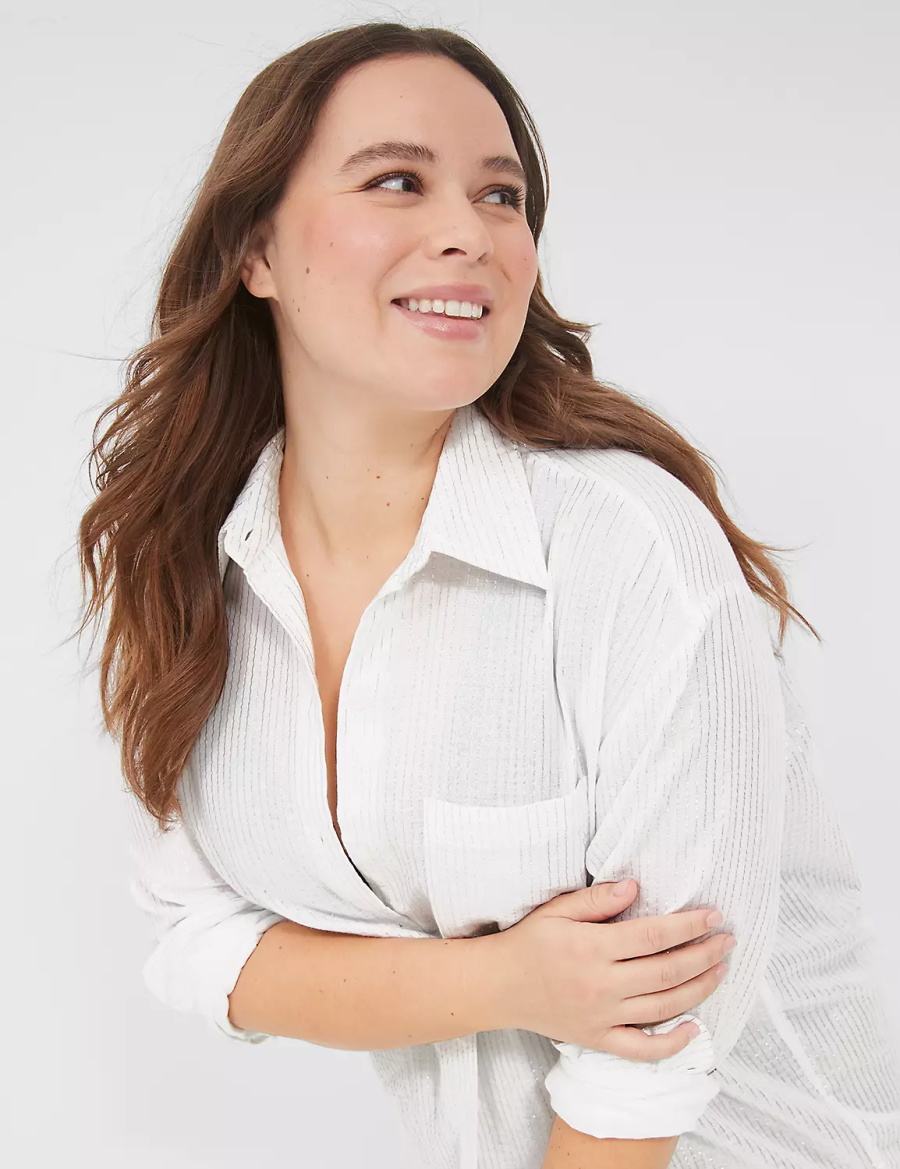 Lane Bryant Lurex Stripe Button-Front Cover-Up Overhemd Dames Wit | YCI9797XC