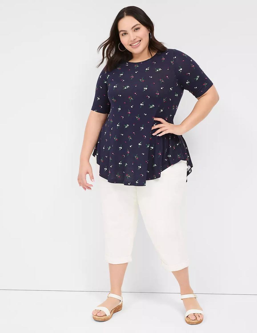 Lane Bryant Max Swing Perfect Sleeve Crew-Neck Tee T-shirts Dames Donkerblauw Gekleurd | HOB9545LL