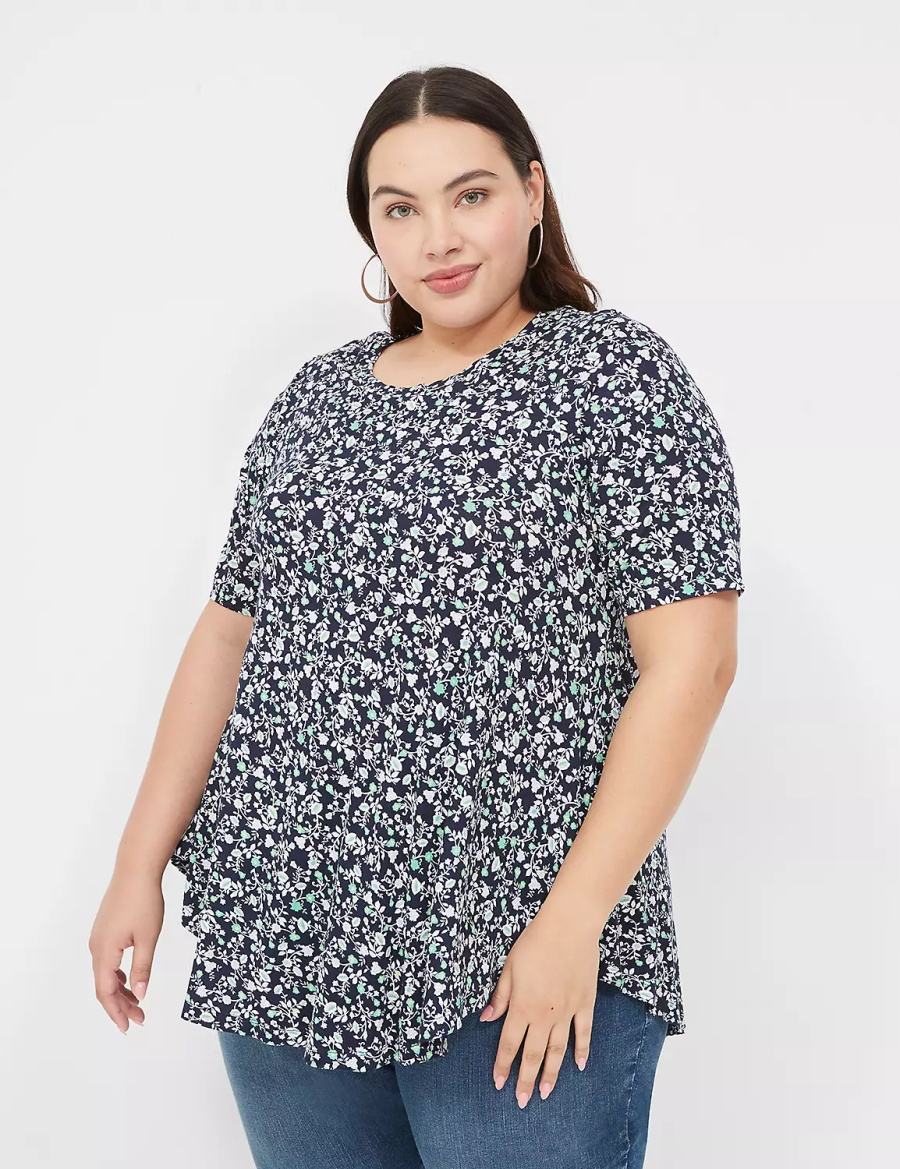 Lane Bryant Max Swing Perfect Sleeve Crew-Neck Tee T-shirts Dames Donkerblauw Groen | HLT2674NR