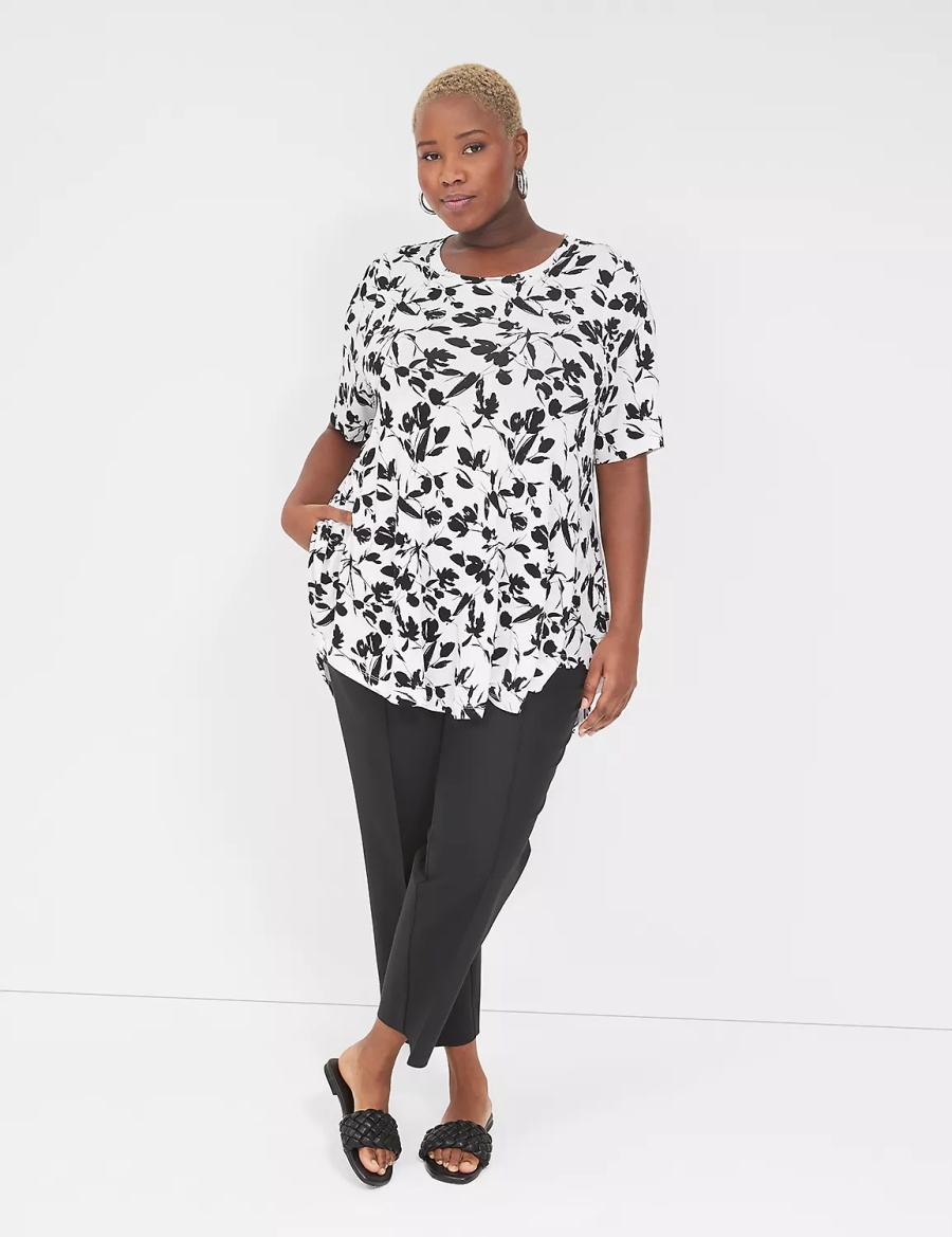 Lane Bryant Max Swing Perfect Sleeve Crew-Neck Tee T-shirts Dames Zwart Wit | NGO9038QR