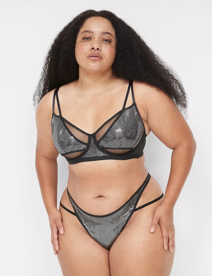 Lane Bryant Metallic Strappy Demi Ongevoerde BH Dames Zwart Zilver | TRH3634LV