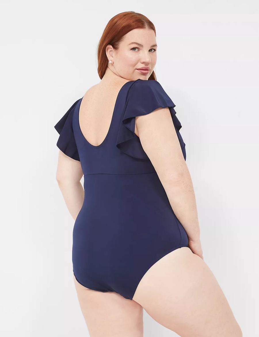 Lane Bryant No-Wire Flutter-Sleeve One-Piece Badpakken Dames Blauw | BAL9565BA