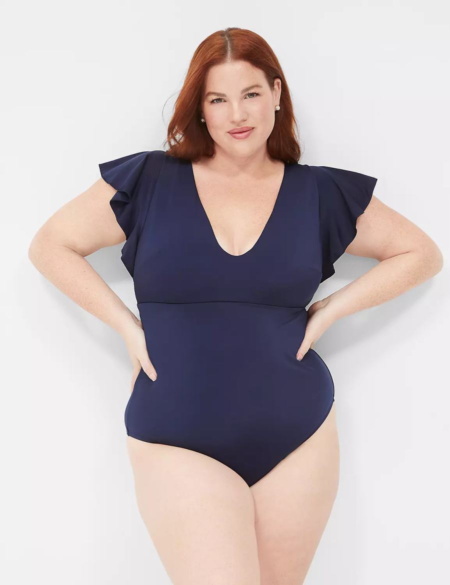 Lane Bryant No-Wire Flutter-Sleeve One-Piece Badpakken Dames Blauw | BAL9565BA