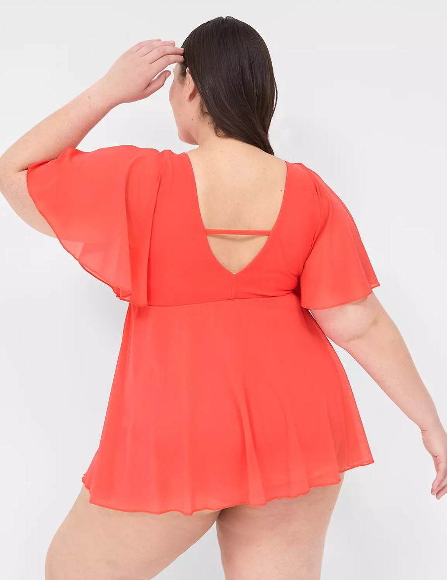 Lane Bryant No-Wire Flutter-Sleeve Swim Jurk Dames Koraal | OWH9042AL