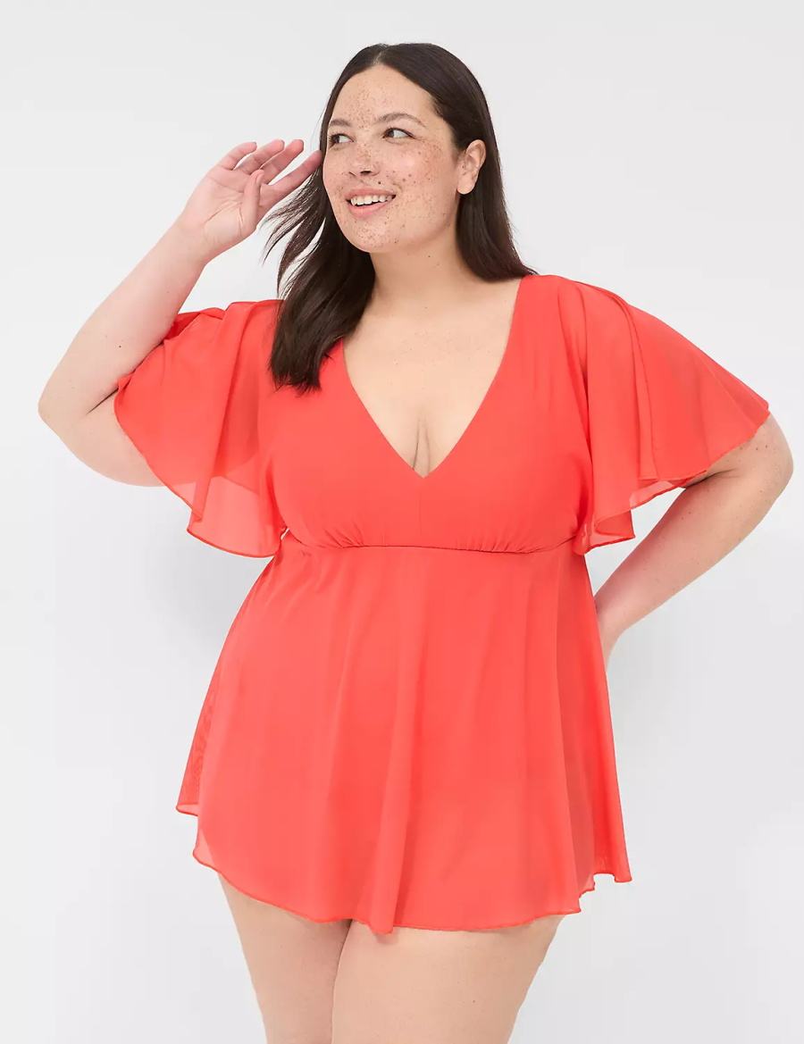 Lane Bryant No-Wire Flutter-Sleeve Swim Jurk Dames Koraal | OWH9042AL