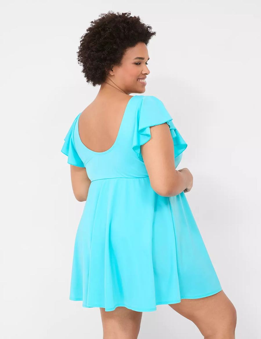 Lane Bryant No-Wire Flutter-Sleeve Swim Jurk Dames Blauw | XJA7957EW