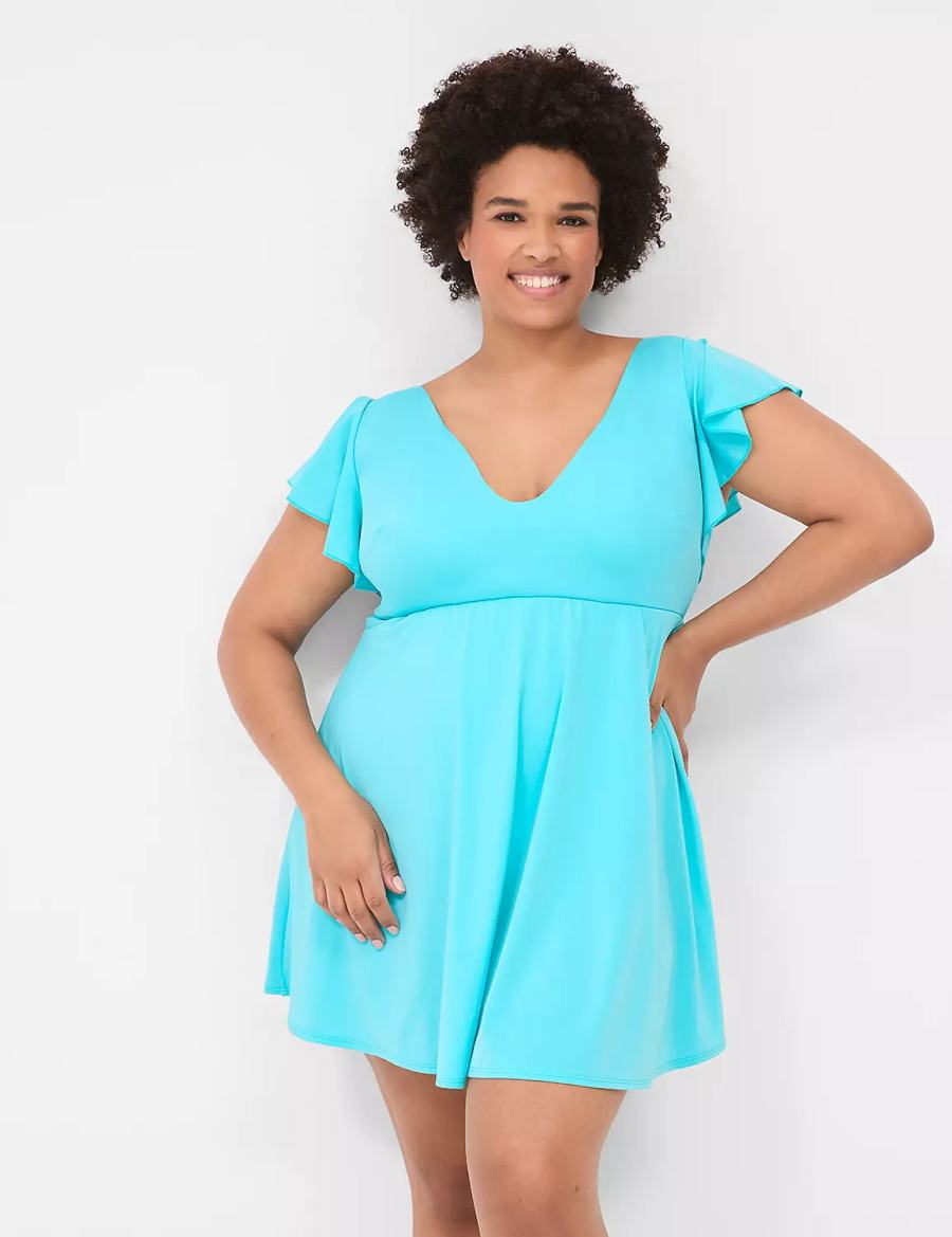 Lane Bryant No-Wire Flutter-Sleeve Swim Jurk Dames Blauw | XJA7957EW