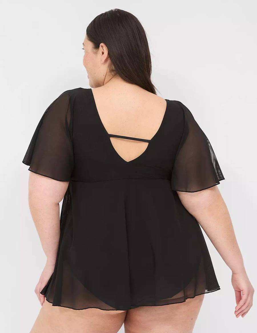 Lane Bryant No-Wire Flutter-Sleeve Swim Jurk Dames Zwart | BUY3522HN