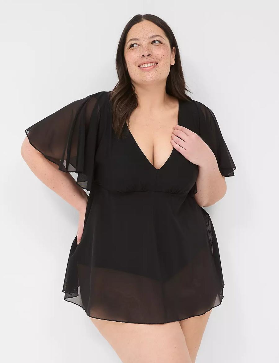 Lane Bryant No-Wire Flutter-Sleeve Swim Jurk Dames Zwart | BUY3522HN