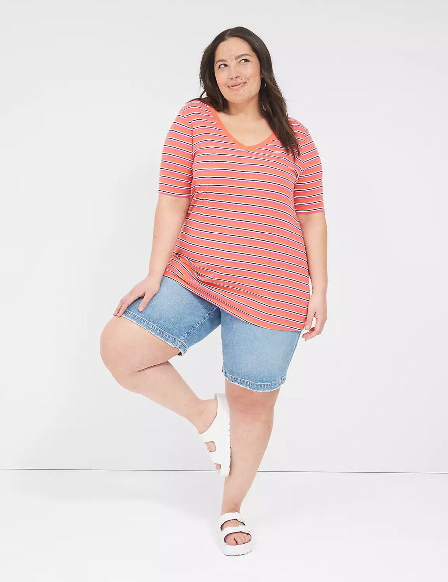 Lane Bryant Perfect Sleeve V-Neck Tee T-shirts Dames Oranje Strepen | PQN91XR