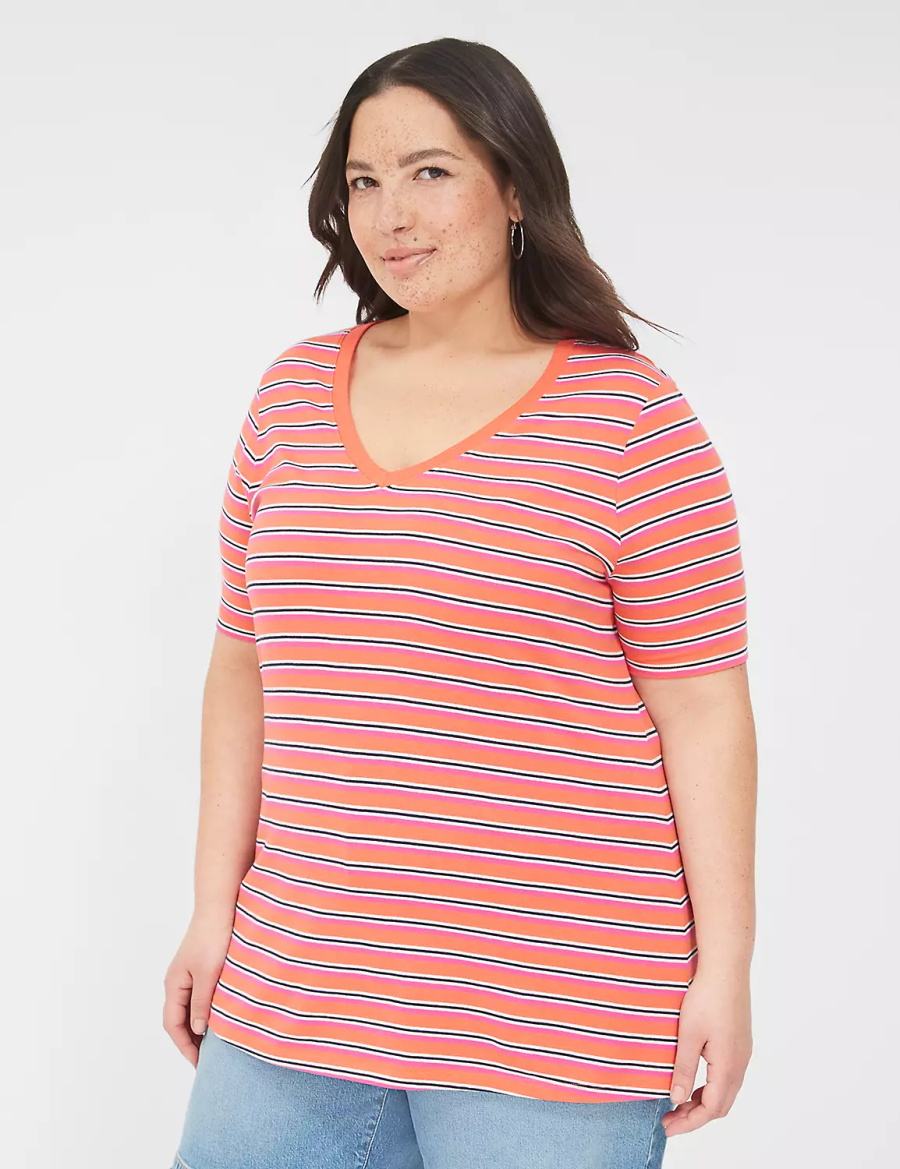 Lane Bryant Perfect Sleeve V-Neck Tee T-shirts Dames Oranje Strepen | PQN91XR