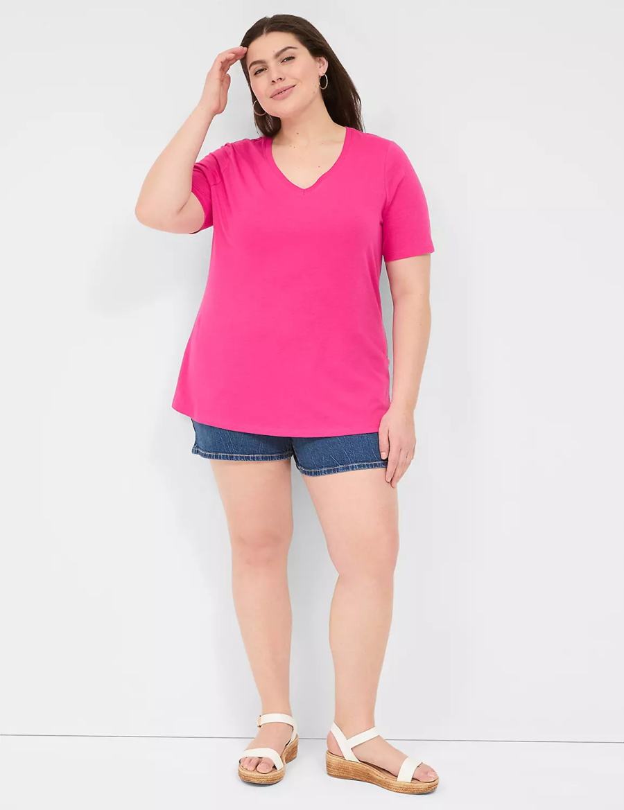 Lane Bryant Perfect Sleeve V-Neck Tee T-shirts Dames Roze | GSV1390KD