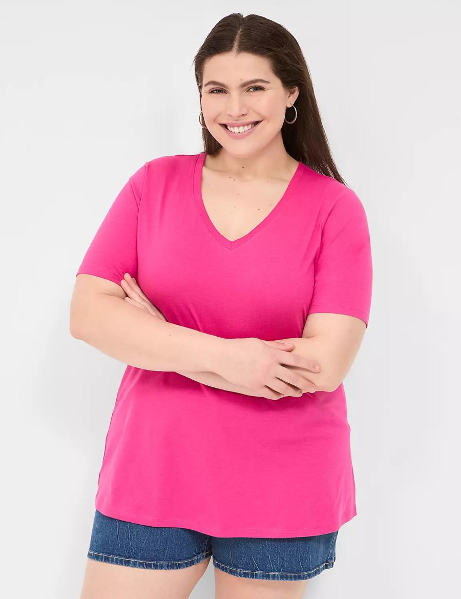Lane Bryant Perfect Sleeve V-Neck Tee T-shirts Dames Roze | GSV1390KD