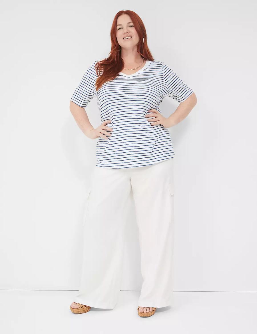 Lane Bryant Perfect Sleeve V-Neck Tee T-shirts Dames Wit Blauw | DTH2235OG