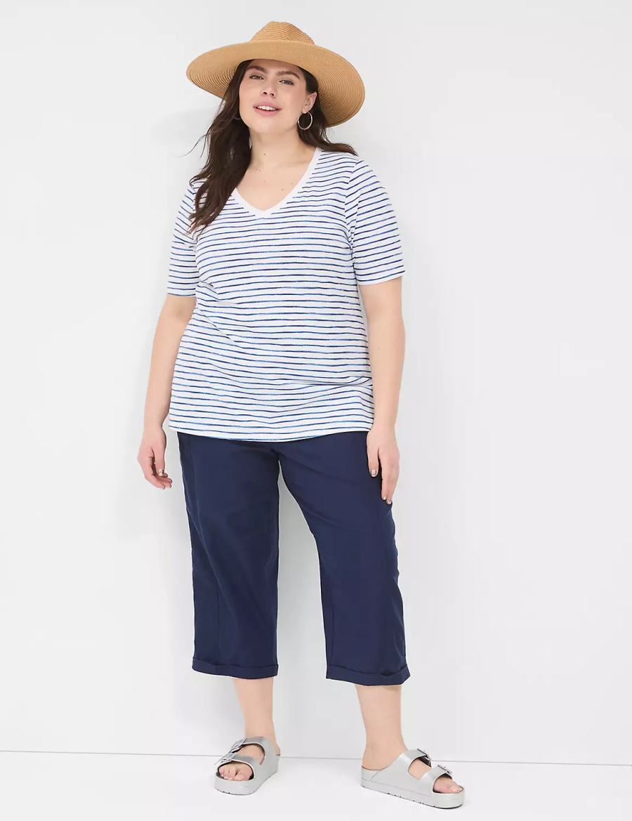Lane Bryant Perfect Sleeve V-Neck Tee T-shirts Dames Wit Blauw | DTH2235OG