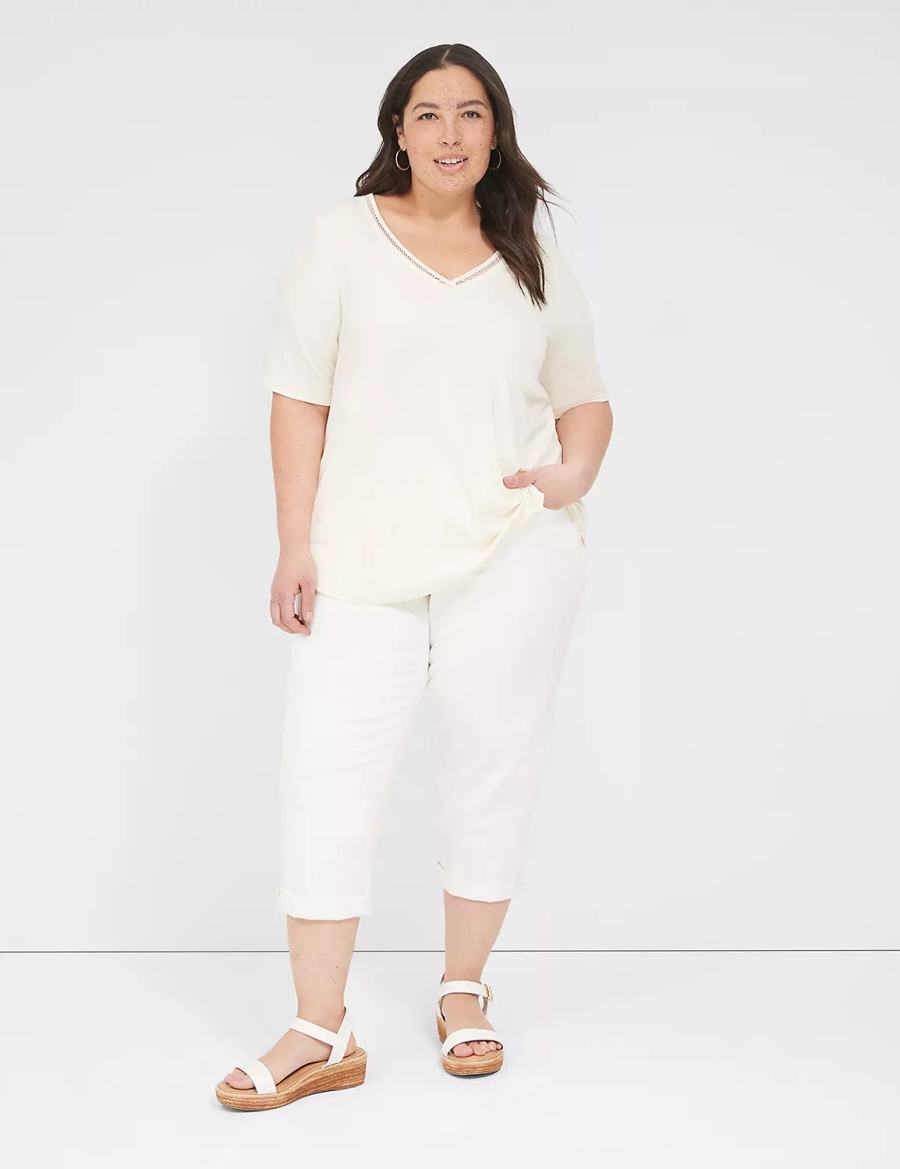 Lane Bryant Perfect Sleeve V-Neck Trim-Detail Tee T-shirts Dames Wit | QNP9351ZU