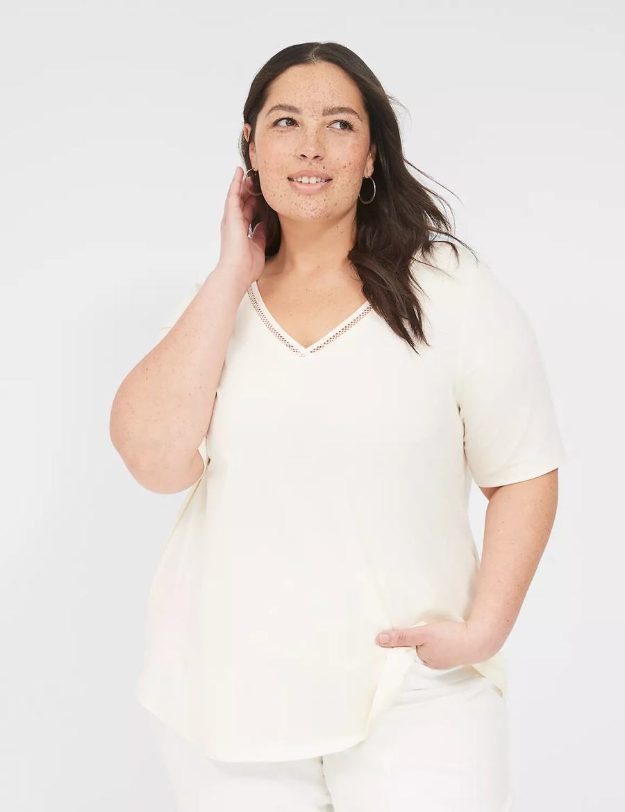 Lane Bryant Perfect Sleeve V-Neck Trim-Detail Tee T-shirts Dames Wit | QNP9351ZU