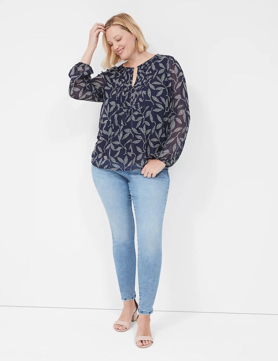 Lane Bryant Pin-Tuck Crew-Neck Blouse Dames Donkerblauw | IPZ6682BW