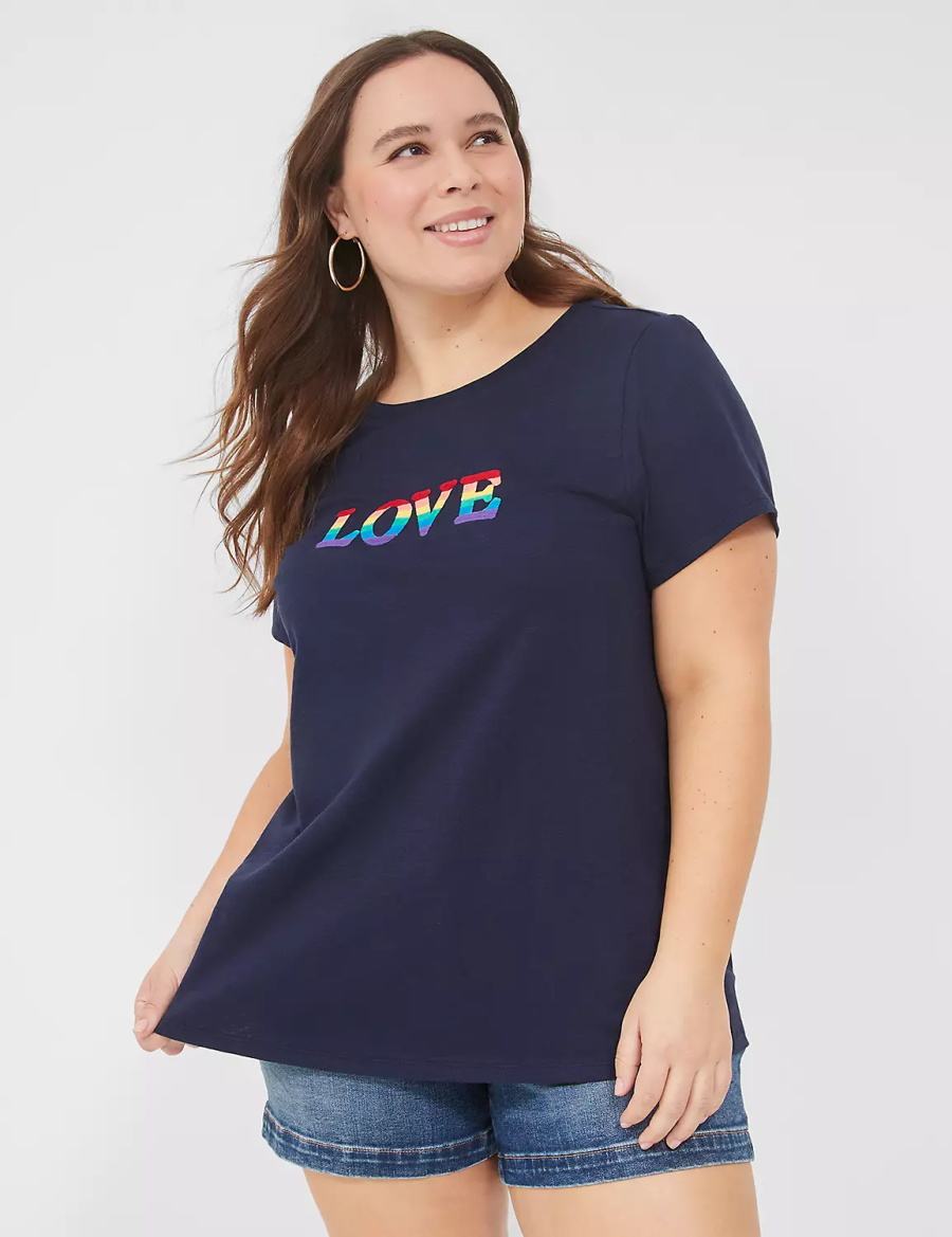 Lane Bryant Pride Embroidered Rainbow Love Graphic Tee T-shirts Dames Blauw | VEB2770KK
