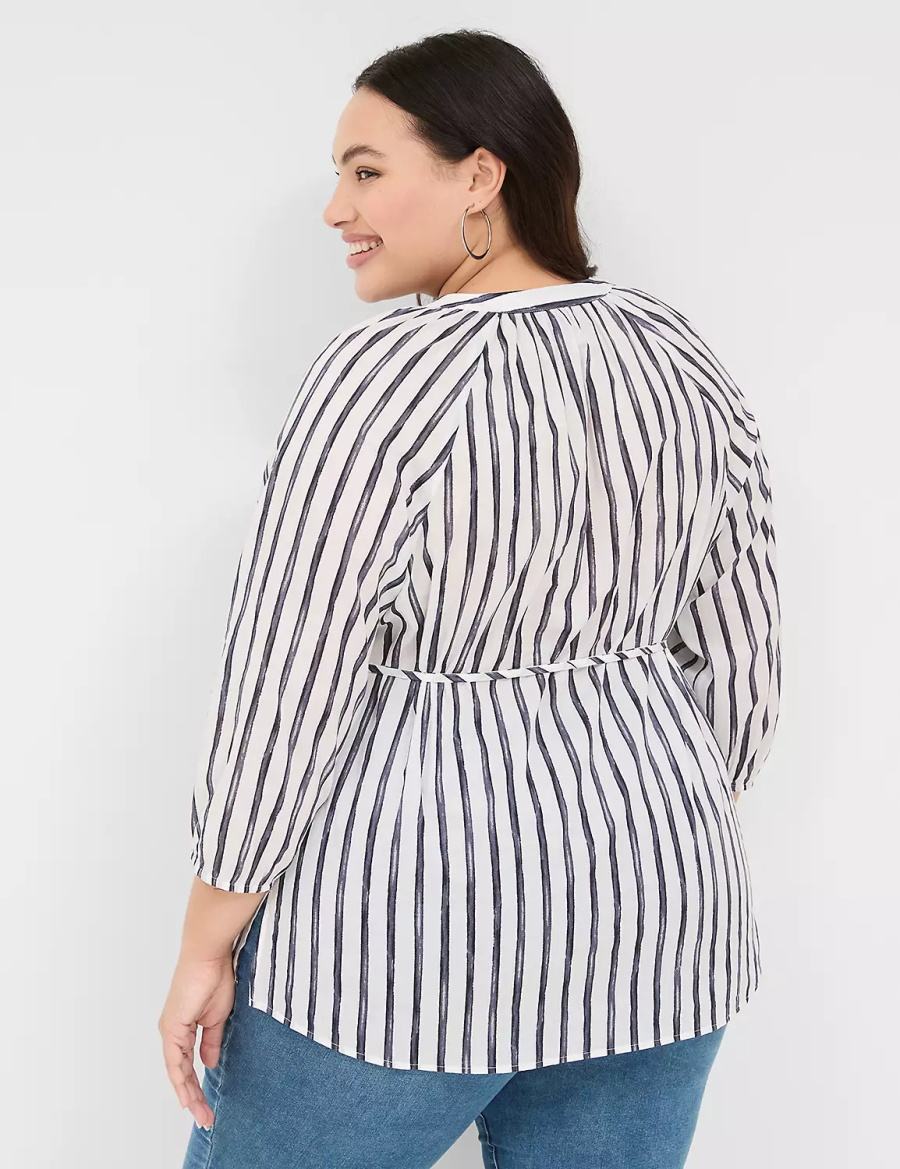 Lane Bryant Relaxed 3/4-Sleeve Button-Front Tunic Overhemd Dames Donkerblauw Strepen | SYW2784GX