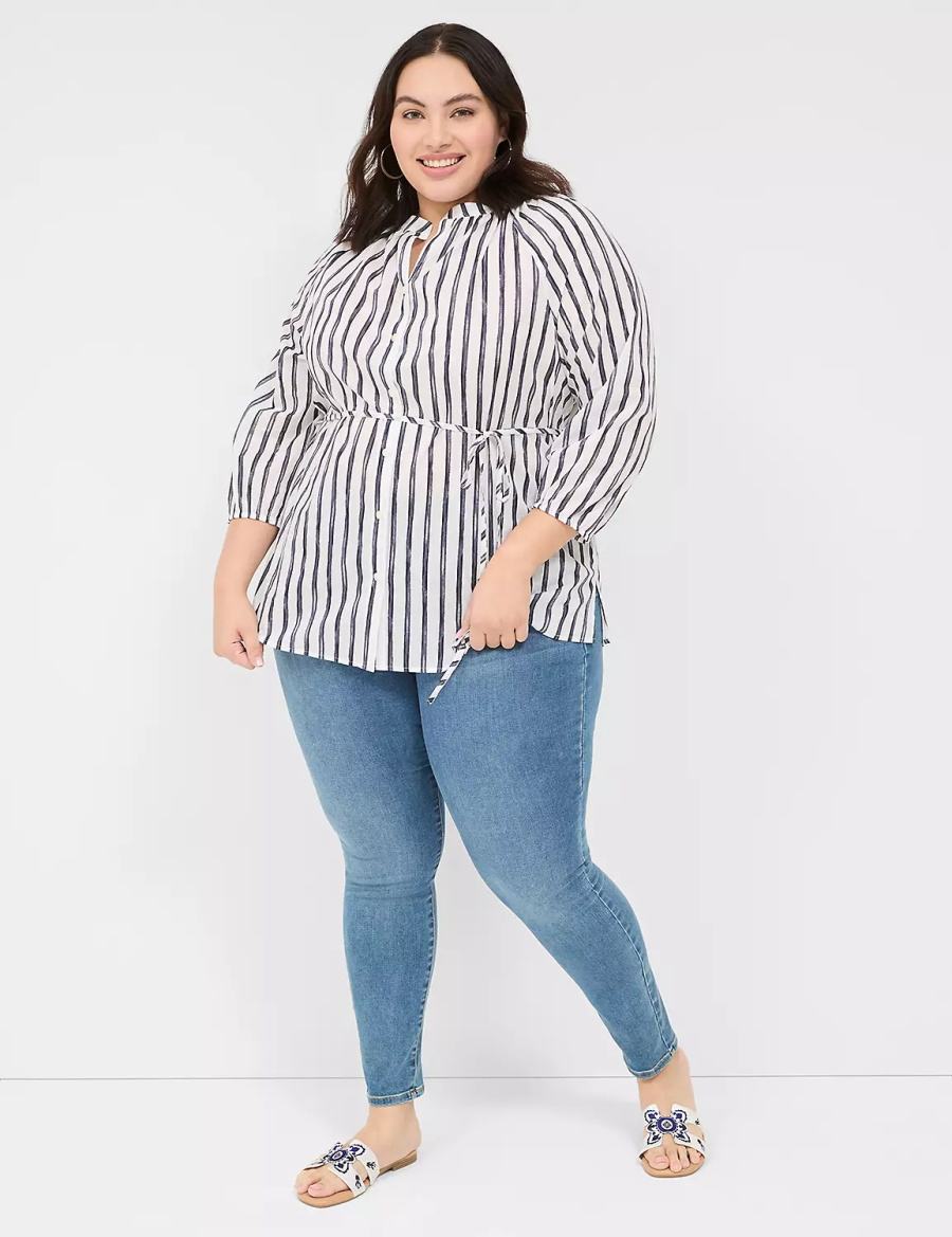 Lane Bryant Relaxed 3/4-Sleeve Button-Front Tunic Overhemd Dames Donkerblauw Strepen | SYW2784GX