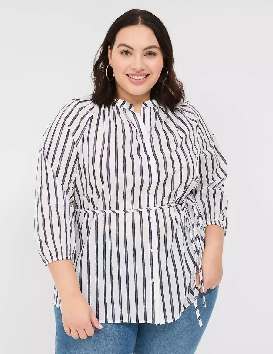 Lane Bryant Relaxed 3/4-Sleeve Button-Front Tunic Overhemd Dames Donkerblauw Strepen | SYW2784GX