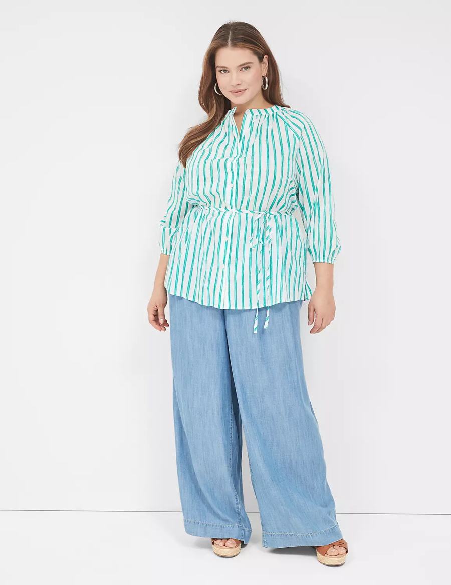 Lane Bryant Relaxed 3/4-Sleeve Button-Front Tunic Overhemd Dames Groen Strepen | PUL4852HA