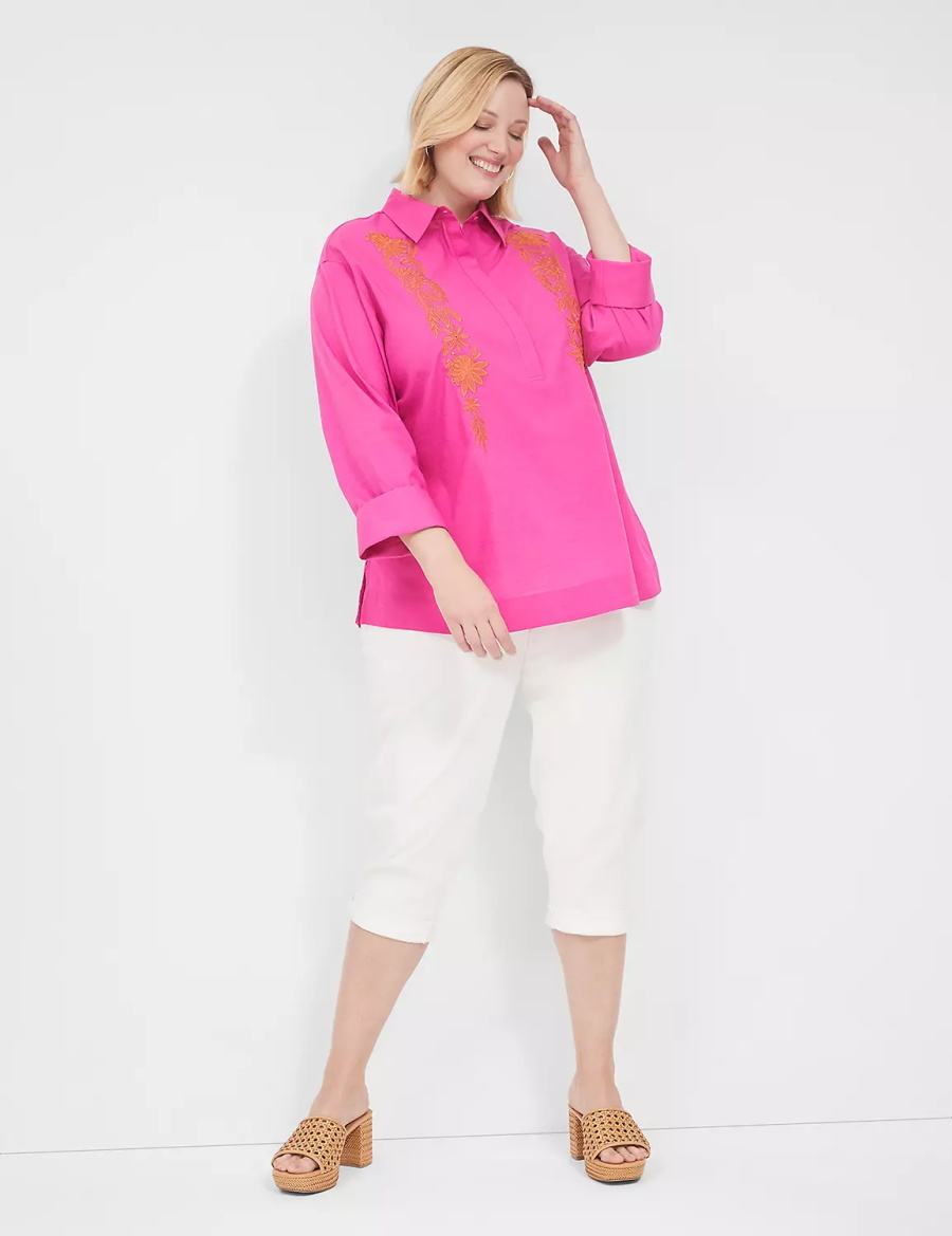 Lane Bryant Relaxed Collared Embroidered Tunic Overhemd Dames Fuchsie | HRJ5731KS