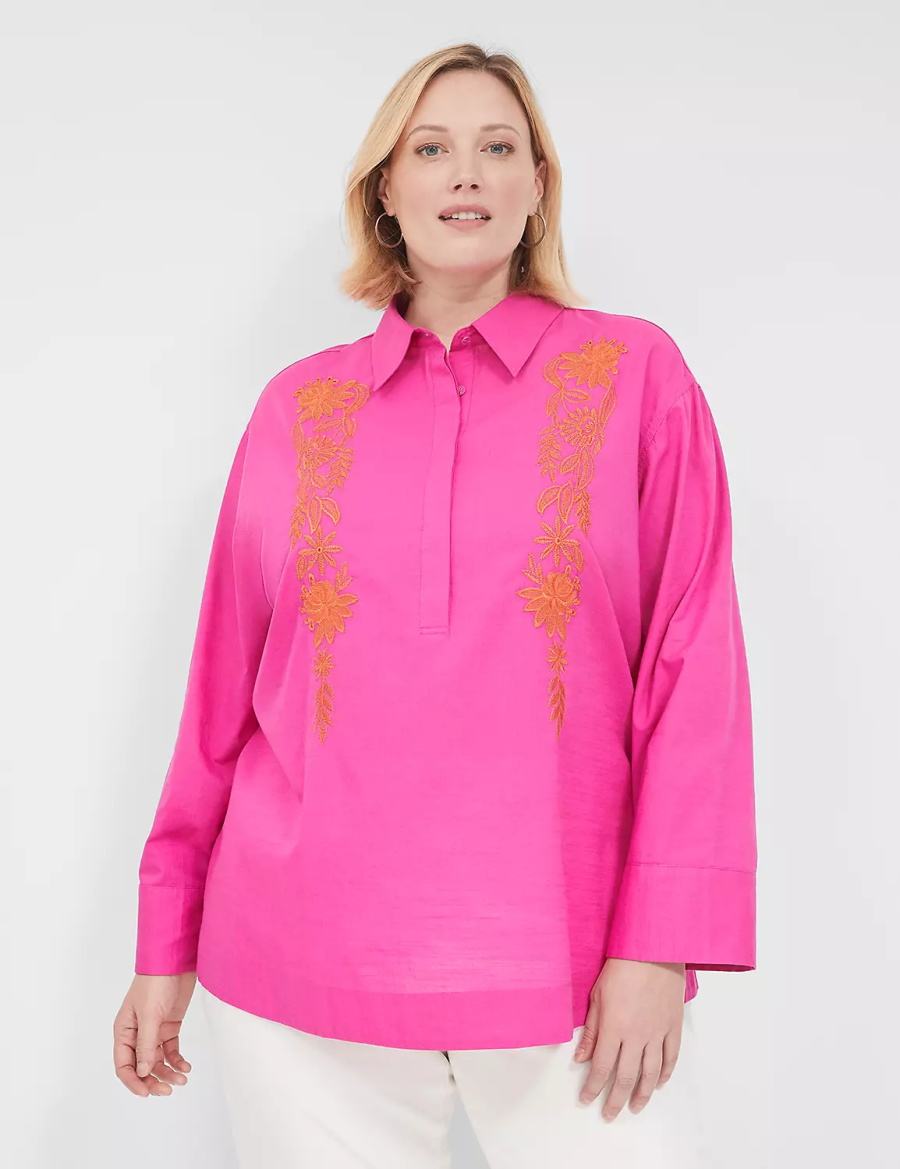 Lane Bryant Relaxed Collared Embroidered Tunic Overhemd Dames Fuchsie | HRJ5731KS