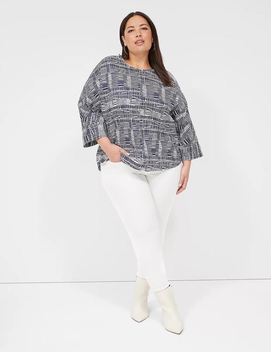 Lane Bryant Relaxed Crew-Neck Popover Top Blouse Dames Donkerblauw Wit | NNR731IJ