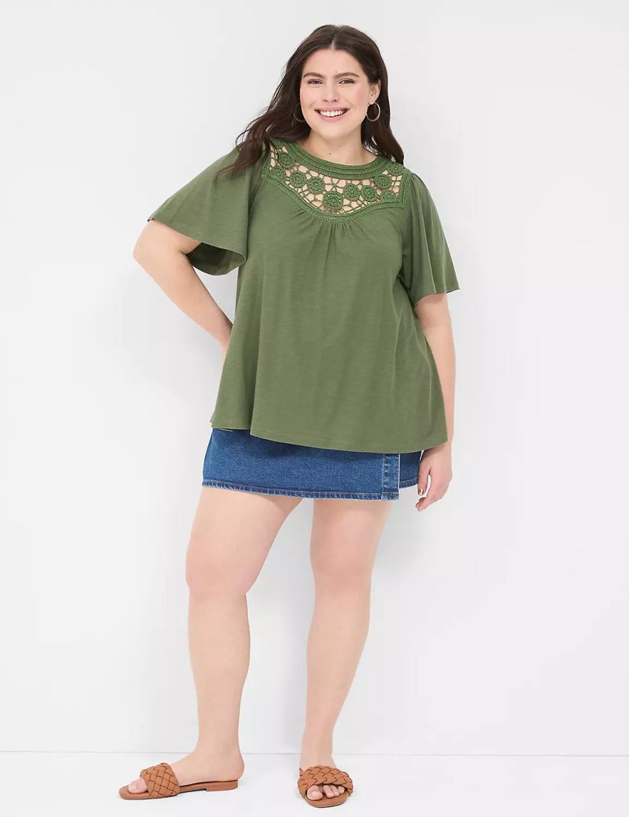 Lane Bryant Relaxed Crochet Crew-Neck Top T-shirts Dames Bruin Groen | KEH2477QR