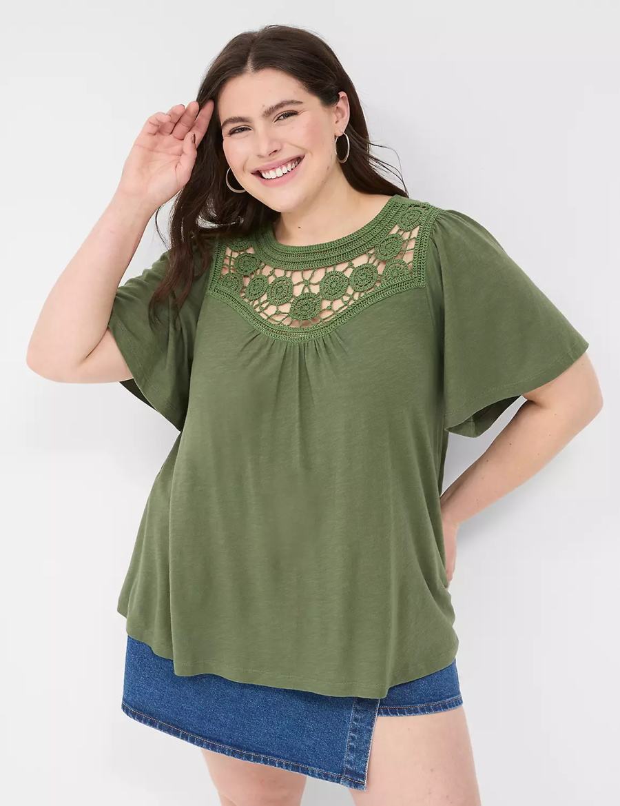 Lane Bryant Relaxed Crochet Crew-Neck Top T-shirts Dames Bruin Groen | KEH2477QR