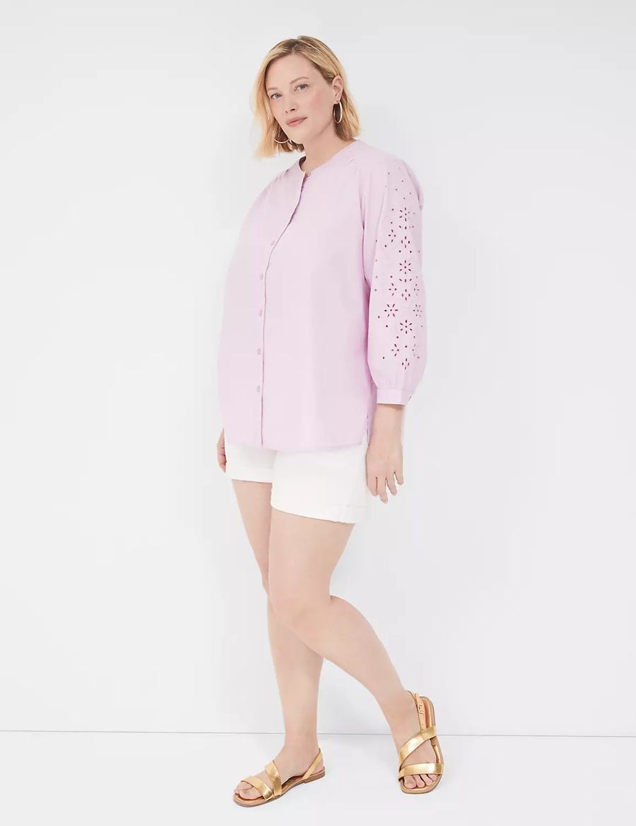 Lane Bryant Relaxed Eyelet-Sleeve Button-Front Blouse Dames Paars | POT1878FX