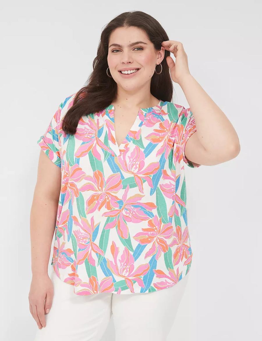 Lane Bryant Relaxed Gauze Notch-Neck Overhemd Dames Roze Blauw | DNA2628BJ