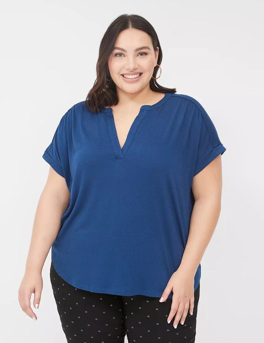 Lane Bryant Relaxed Gauze Notch-Neck Overhemd Dames Donkerblauw | SDI1533AV