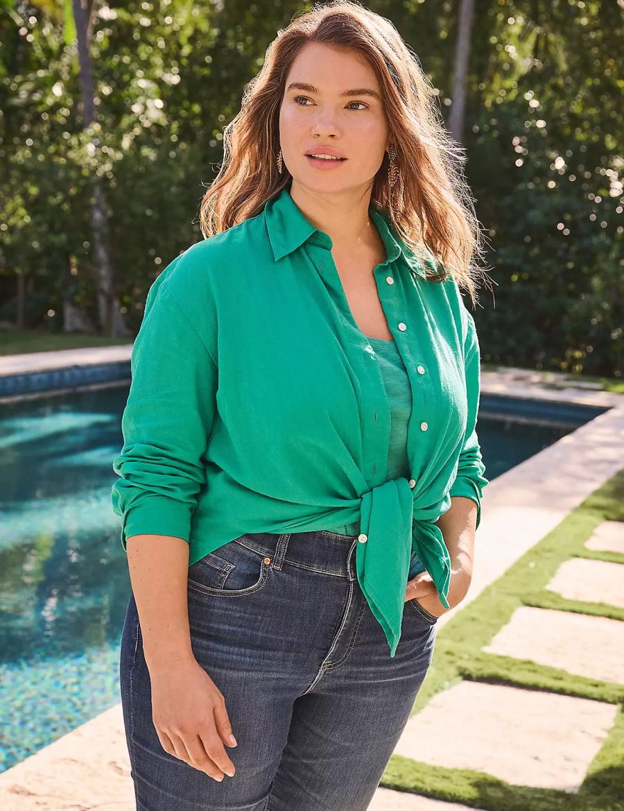 Lane Bryant Relaxed Linen Button-Down Overhemd Dames Turquoise | NSQ9728JB