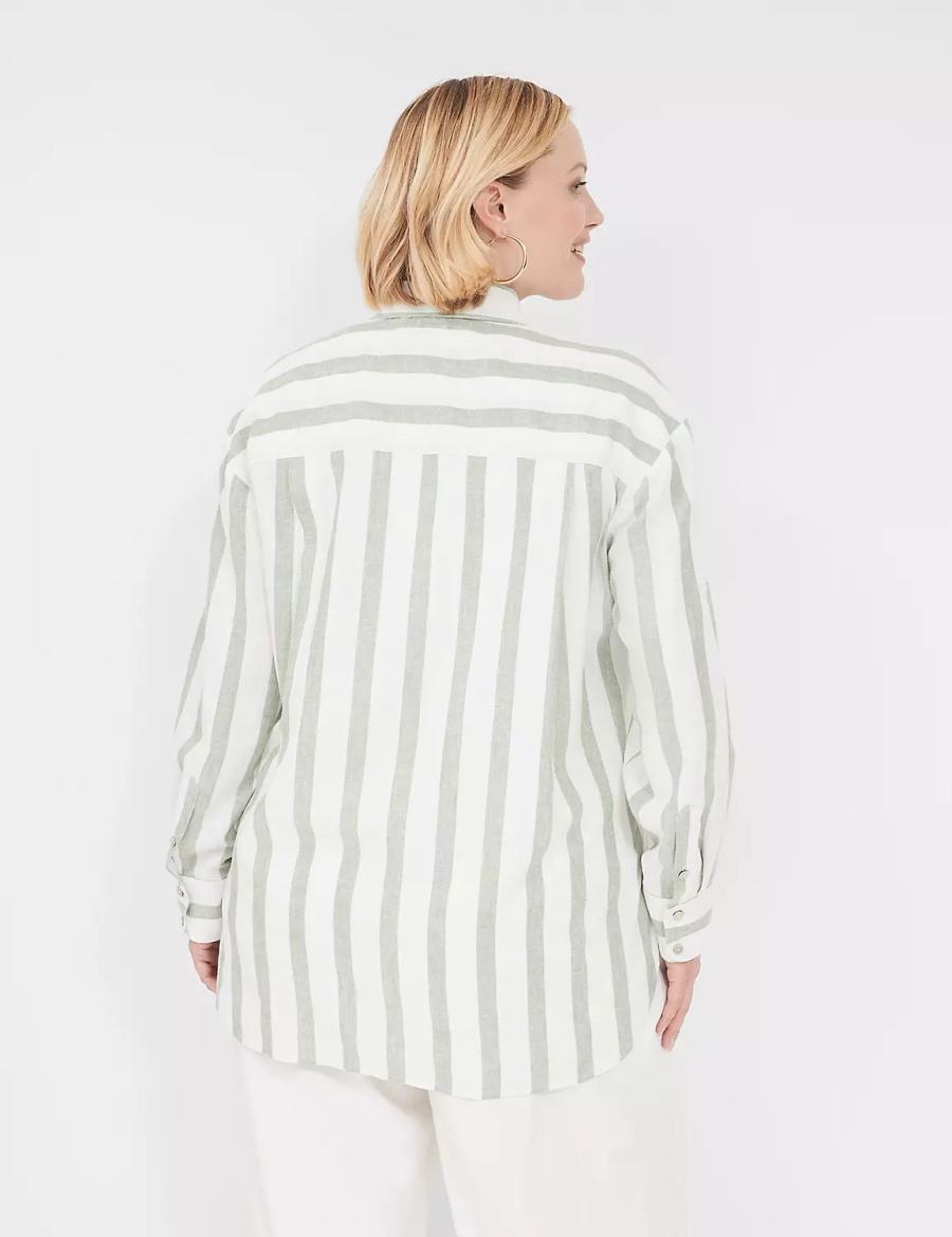 Lane Bryant Relaxed Linen Button-Down Overhemd Dames Olijfgroen Strepen | RUH919GH