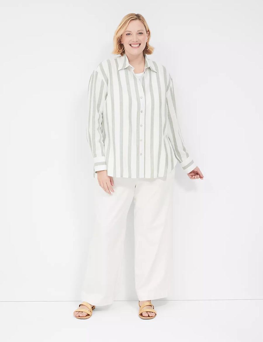 Lane Bryant Relaxed Linen Button-Down Overhemd Dames Olijfgroen Strepen | RUH919GH
